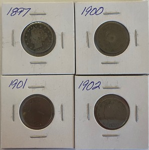 Four Different Liberty Head Nickels - 1897, 1900, 1901, & 1902