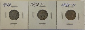 Three Different Mercury Dimes - 1942-P, D, & S