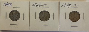 Three Different Mercury Dimes - 1943- P, D, & S