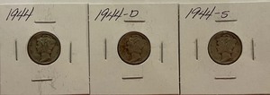 Three Different Mercury Dimes - 1944-P, D, & S