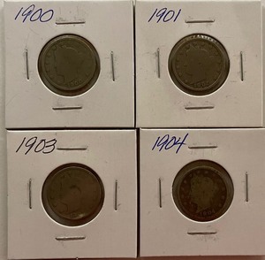 Four Different Liberty Head Nickels - 1900, 1901, 1903, & 1904