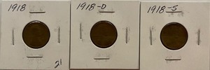 Three Different Lincoln Wheat Pennies - 1918 P, D, & S P