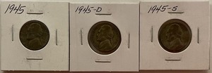 Three Different Silver War Nickels - 1945 P, D, & S