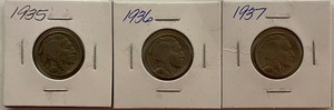 Three Different Buffalo Nickels - 1935, 1936, & 1937