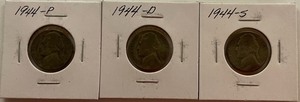 Three Different Silver War Nickels - 1944 P, D, & S