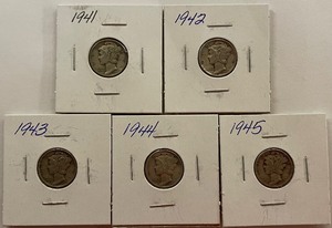 Five Different Mercury Dimes - 1941 thru 1945