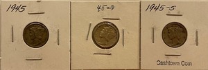 Three Different Mercury Dimes - 1945 P, D, & S