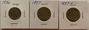 Three Different Buffalo Nickels - 1936, 37, 37-D