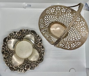lot 44 image: Antique Sterling Silver Basket and Ornate Plate