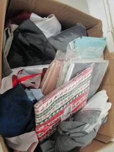 lot 175 image: box of curtains fabric and other mi...