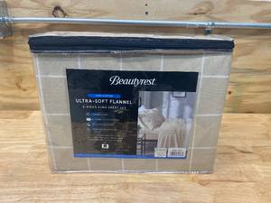 lot 56 image: BEAUTYREST Oversized Flannel Cotton 4-Piece Beige Windowpane King Sheet Set