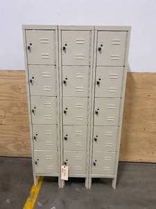 lot 61 image: HALLOWELL Tan Box Locker, (3) Wide, (5) Tier , Openings 15, 36 in W X 12 in D X 66 in H
