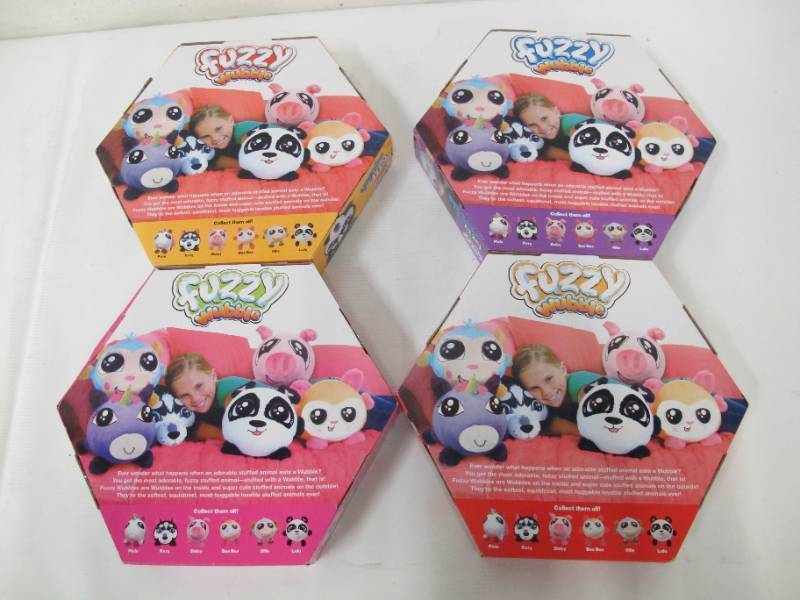 lot 620 image: 4 Pack Fuzzy Wubble Fuzzy Pillow Toy Set - Dog, Cat, Monkey, and Panda
