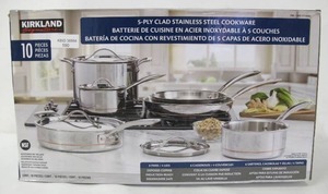lot 590 image: Kirkland Signature 10 Piece 5 Ply Clad Stainless Steel Cookware Pots Pans Skilet