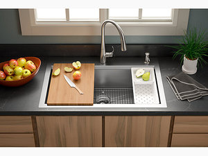 Cater� 33 x 22 Top-mountundermount single-bowl workstation kitchen sink with accessories