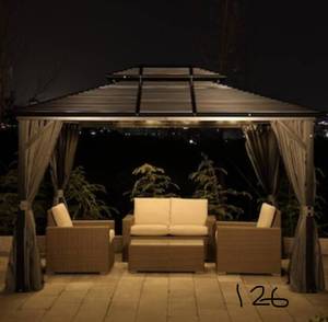 Outsunny 10 ft. x 10 ft. 2-Tier Roof Steel Hardtop Aluminum Permanent Gazebo with Breathable Mesh Net and Privacy Sidewalls