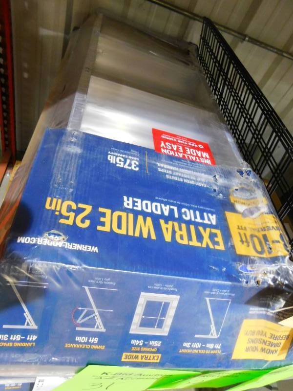 lot 32 image: 8 ft. - 10 ft., 25 in. x 54 in. Aluminum Attic Ladder with 375 lb. Maximum Load Capacity by Werner