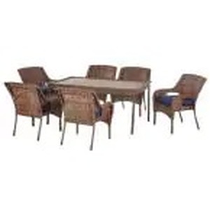lot 6 image: Cambridge 7-Piece Brown Wicker Outdoor Patio Dining Set with CushionGuard Midnight Navy Blue Cushions