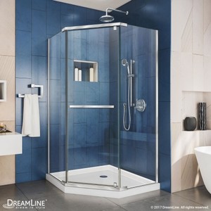 lot 115 image: Prism 34.125 in. x 34.125 in. x 72 in. Semi-Frameless Neo-Angle Pivot Shower Enclosure in Brushed Nickel by DreamLine