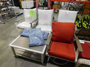 lot 56 image: Marina Point 5-Piece White Steel Motion Outdoor Patio Conversation Seating Set with CushionGuard Quarry Red Cushions by Hampton Bay