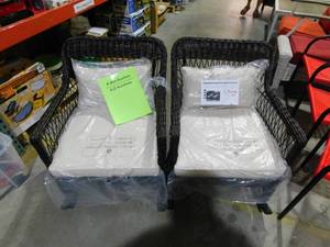 lot 57 image: Pearson Dark Brown Wicker Outdoor Rocking Chair with Tan Cushions (2-Pack)