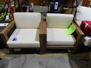 lot 58 image: Genser Brown Removable Cushions Wood Outdoor Lounge Chairs with Beige Cushions (2-Pack)