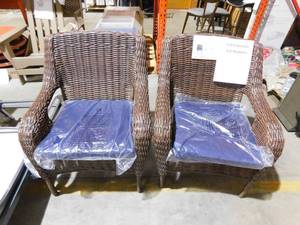 lot 62 image: Cambridge Brown Wicker Outdoor Patio Dining Chair with CushionGuard Sky Blue Cushions (2-Pack)