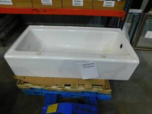 lot 100 image: Bellwether 60 in. x 30 in. ADA Cast Iron Alcove Bathtub with Integral Farmhouse Apron and Right-Hand Drain in White by KOHLER