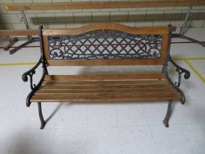 lot 35 image: WOODEN BENCH WITH BEAUTIFUL METAL DESIGN