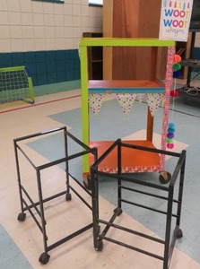 lot 70 image: Colorful Metal cart on wheels with 2 smaller metal rolling frames