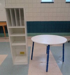 lot 79 image: small bluewhite table with cute white storage shelf