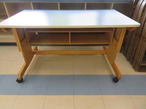 lot 157 image: WOOD BASED ROLLING DESK