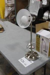 lot 926 image: Lot of (2) Hampton Bay Brushed Nickel Gooseneck Desk Lamp (in box)  - Frosted White Shade