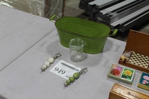 lot 949 image: Decorative Bottle Openers (x2), Glass Mason Jar, Green Metal Decorative Pail w Handles