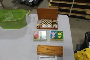 lot 948 image: Lot of (4) Travel Games  - Chess, Dominoes, Card Sets (x2)