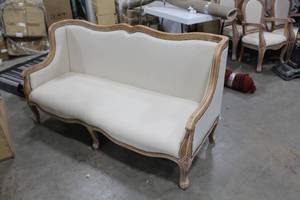 lot 839 image: Modern Event Furniture White Linen Upholstered Wood Living Room Sofa