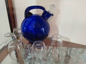 Cobalt Blue Decanter Pitcher with Six Glasses