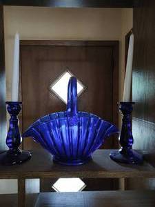 Cobalt blue candlesticks and basket