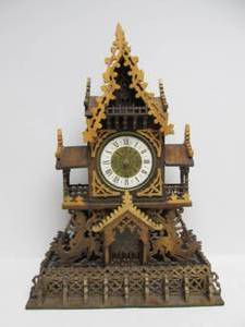 lot 98 image: Large Ornate Scroll Saw Cut Wooden Mantel Clock