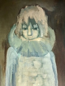lot 264 image: Large Vintage Framed Signed Mid Century Oil on Canvas Painting by Joyce Cina - Boy in Blue