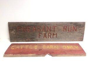 lot 131 image: 2 Vintage Rustic Wood Farm Signs
