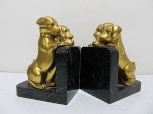 lot 143 image: Very Nice Antique 1920s Era Cast Metal on Marble Base Puppy Bookends