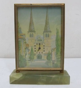 lot 151 image: Old Vintage Hand Painted Enamel Dial Desk Clock on Green MarbleOnyx Base