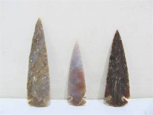 lot 152 image: 3 Larger Carved Stone Arrowheads 