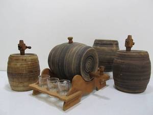 lot 154 image: Lot of 4 Vintage Stoneware Whiskey or Maple Syrup Barrel Kegs