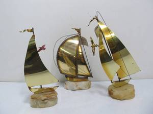 lot 193 image: Lot of 3 Vintage Signed Brass DeMott Sailboat Sculptures on Stone Bases