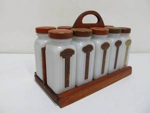 lot 30 image: Complete Set of Vintage Deco Milk Glass Griffiths Spice Set