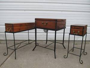 lot 44 image: Set of 3 Iron Base Tables wWooden Storage Box Table Tops