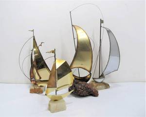 lot 245 image: Lot of 4 Signed Vintage Brass Sailboat Sculptures on Stone & Burled Wood Bases