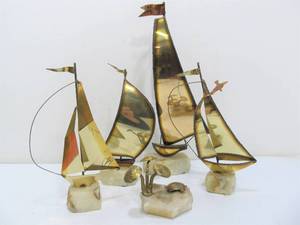 lot 246 image: Lot of Signed Vintage Brass Sailboat Sculptures on Stone Bases